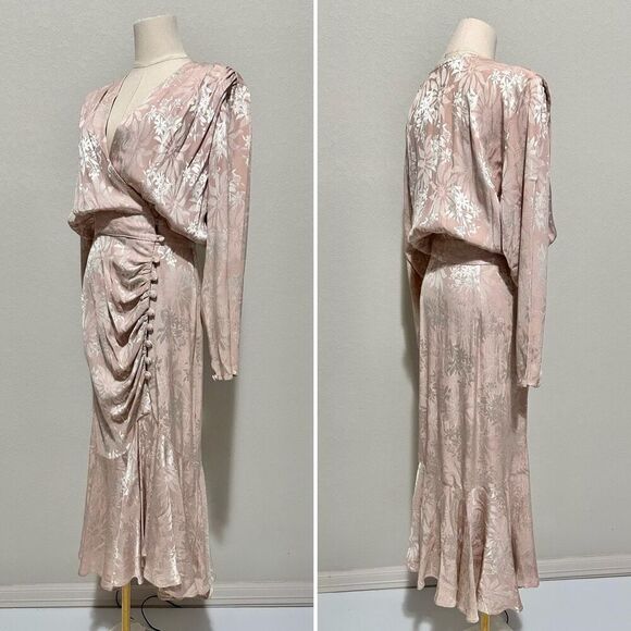 Vintage 80s Blouson Jacquard Drape Midi Dress Sz S Powder Pink Elegant Ladylike - Picture 2 of 9